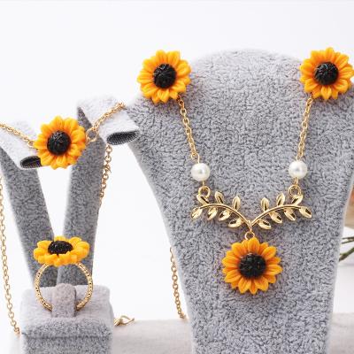 China 5PCS Romantic Sunflower Faux Pearl Leaf Chain Resin Necklace Bracelet Earrings Ring For Women Jewelry for sale