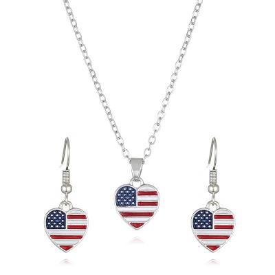 China Romantic Silver Tone American Flag Heart Chain Necklace Stud Earrings for sale