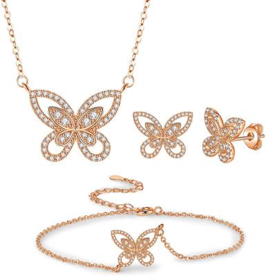 China Romantic 18k Yellow Gold Rose Gold Necklace Set, Butterfly Stud Earrings Pendant Bracelet with Zircon for sale