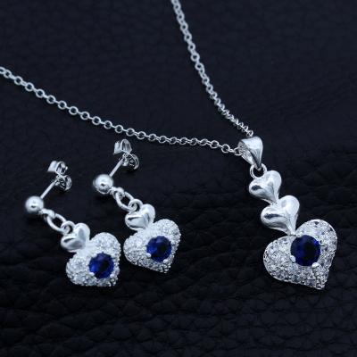 China Romantic Blue Crystal Heart Pendant Necklace Earrings Zircon Fashion Jewelry Set 925 Silver Wedding Romantic Jewelry for sale