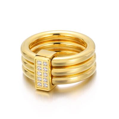 China Wholesale Fashion Three Stone&crystal Rings 18k Gold Plated Women Stainless Steel Jewelry Ring for sale