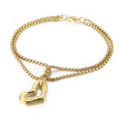 China Kalen Trendy Double Layer Chain Heart Pendant Gold Plated Charms Stud Bracelets & Bangles Women Stainless Steel Jewelry Bangle for sale