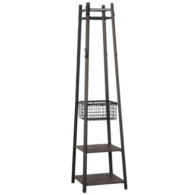 China Enterway Storage Clothes Rack With 8 Double Hooks Modern Industrial Wood Coat Rack With 2 Tier Basket Storage Shelves for sale