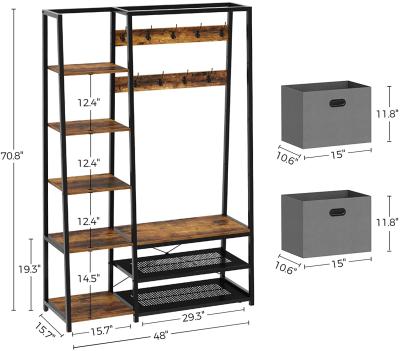 China Rustic Storage Brown Coat Rack With Storage Bench 5-in-1 Entry Shelf Coat Rack With 5 Shelves Side Display Rack for sale