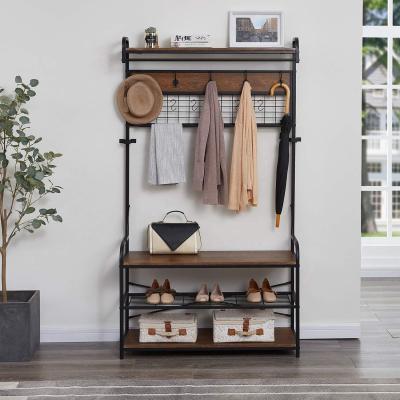 China Industrial Hall Tree with Shoe Bench Coat Rack with 11 Hooks and 2 Rods Grid Hanging Panel for Note and Photo Display for sale