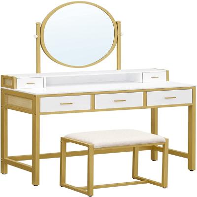 China Modern Fashion Vanity Dresser Dressing Table Set With Makeup Mirror 5 Drawers Oval Bedroom for sale