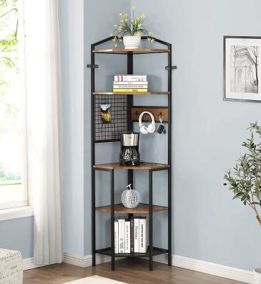 China Modern 5 Shelf Corner Bookcase With Hanging Hooks , Industrial Tall Corner Shelves Metal Frame for sale