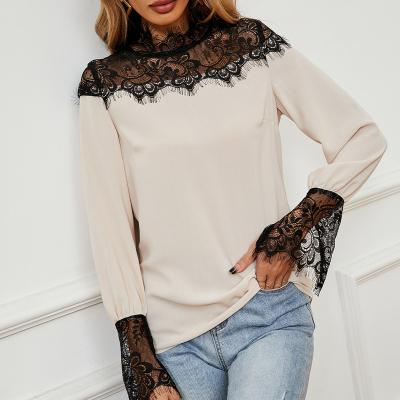 China Explosive women's lace horn anti-wrinkle sleeve jacket pullover long sleeve collar splice T-shirt women's lace horn fashion trend for sale