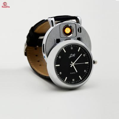 China Contemporary Men's Fashion Black Cool Anti-Flame Smoking Safely Decorative Multifunctional Time USB Electronic Watch Lighter for sale