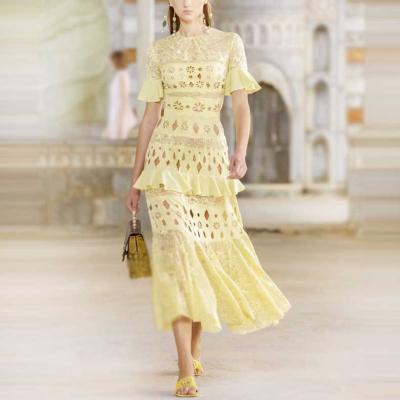 China Mid length yellow lace design hollow dress ladies reference 2022 summer anti-static European fashion women party evening banquet dress for sale