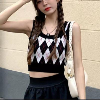 China 2022 Summer New Women's University Style Diamond Printing Suspender Vest Knitted Top for sale