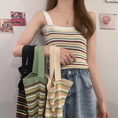 China 2022 Women Anti Shrink Clothes Summer Rainbow Stripe Sleeveless Push Up Knit Shirt Women Short Suspender Top Vest for sale