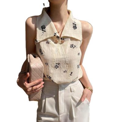 China 2022 Summer Women's Shaved Shoulder Sleeveless Lapel QUICK DRY Retro Big Printed Chiffon Vest Top French Slim Strapless T-Shirt For Girl for sale