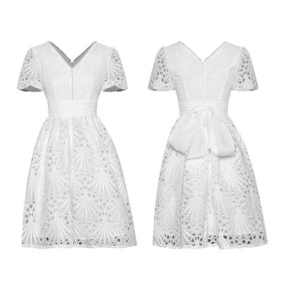 China 2022 New Products Anti-Static V-Neckline With Waist Beaded Elegant Short-sleeved Lace-up Puffy Bubble Temperament Hollow Dress for sale