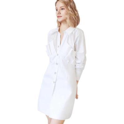 China 2022 Female Solid String Elegant Sleeved Button Anti-Static Long Down Casual Shirts Mini A-line Dresses Women for sale