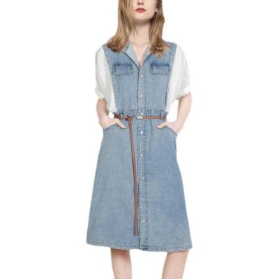 China 2022 Summer Anti-Static New A Line Literature And Stitching Art Shirt Skirt Age-Reducing College Style Denim Slimming Short-sleeved Dress for sale