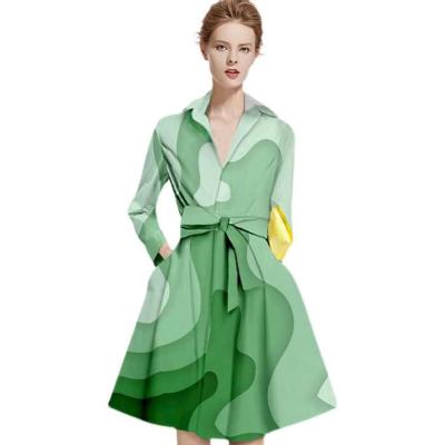 China 2022 new spring anti-static fashion Western elegant temperament printed green long sleeve a line dress skirt for girl for sale