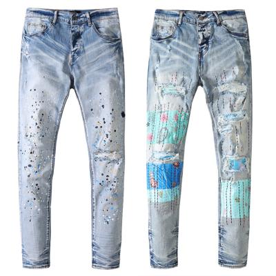 China Amirys QUICK DRY Jeans High Street Slim Plus Size Pantsmen Jeans Patch Holes Stitching Ripped Casual Tapered Thin Men for sale