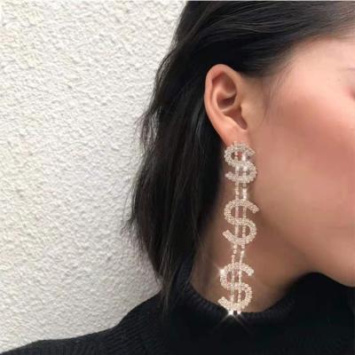 China JM Bling Punk Dollar Sign Bring Silver Diamond Stud Earrings For Women Long Rhinestone Drop Earrings for sale