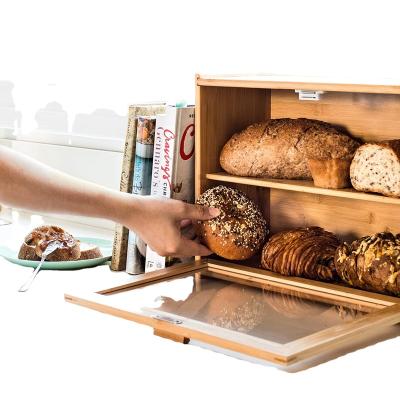 China Large Sustainable Double Layer Bread Box: Bamboo BreadBox w/Clear Window-Farm Style Bread Holder for Kitchen Countertop for sale