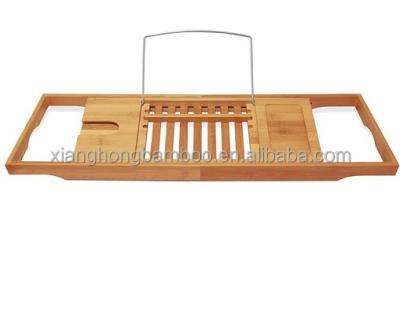 China Viable Expandable Bamboo Tray Caddy Rack Shelf With Wine Glass Holder Book iPad Laptop Stander iPhone Tray for sale