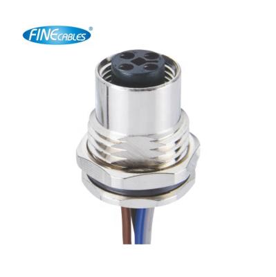 China m12 code female waterproof panel mount industrial Finecable T power/industrial automation connector ip67 4pin with wires for sale