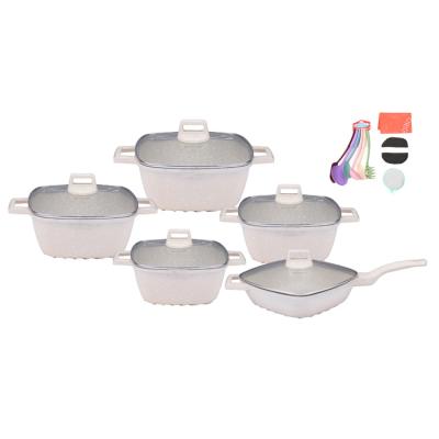 China Durable Aluminum Die Casting Non Stick Marble Effect Coat Cookware Set With Tempered Glass Lid for sale