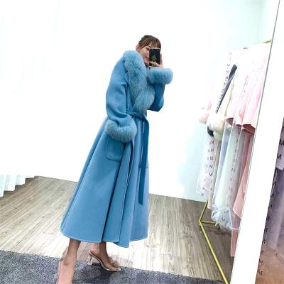 China Breathable Fox Fur Trimming Long Wool Jacket Fashion Style Real Sheep Fur Cashmere Hairy Coat For Women for sale