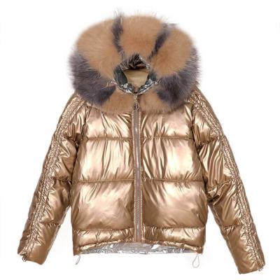 China Anti-Wrinkle Glitter Stripper Coat Winter Custom Women's Real Fox Fur Collared Shiny Bubble Fur Coat With Hood for sale