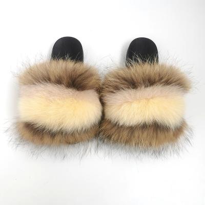 China Fashion Trend Women Fur Slides Summer Fashion Furry Slippers Female Wholesale Cute Fox Raccoon Fur Sandals For Ladies for sale