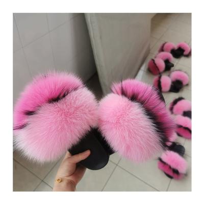 China PVC Wide Logo Slide Sandals Unique Fox Trend Fashion Raccoon Fur Slippers Unisex Custom Made Pink Fur Slides for sale