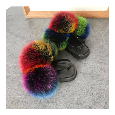 China Fashion Trend Multicolor Baby Fur Ball Sandals Summer Straps Toddler Fur Slides Shape Pom Pom Fur Children Slippers For Girls for sale