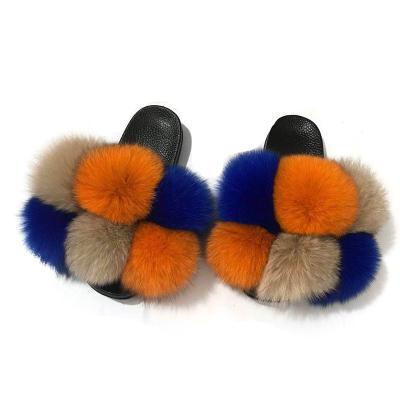 China Wholesale Fashion Trend Real Furry Ball Slippers Fox Fur Ball Slides Sandals Pom Pom Fur Slides For Women Shoes for sale