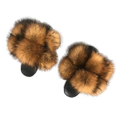 China Brown Real Indoor & Outdoor Fox Fur Slides Large Raccoon Fur Ball Sandals Hairy Pom Pom Slippers Indoor Fur Ball For Women for sale