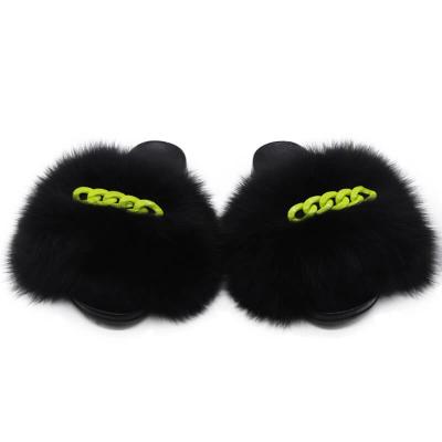 China Fashion Trend Custom Female Hairy Slides Real Raccoon Fox Fur Chained Faux Stone Fur Slippers With Bling Diamonds for sale