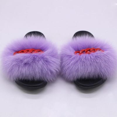 China Fashion Trend Real Fox Hairy Fur Glitter Slips Custom Chained Purple Fur Slippers Faux Fur Slippers With Chains for sale