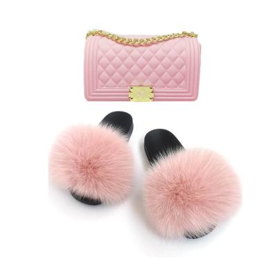 China Custom Fashion Trend Fur Sandals Slides Slippers and Designer Bag Handbags Matching Sets Fashion Women Fluffy Sandals with Purse for sale