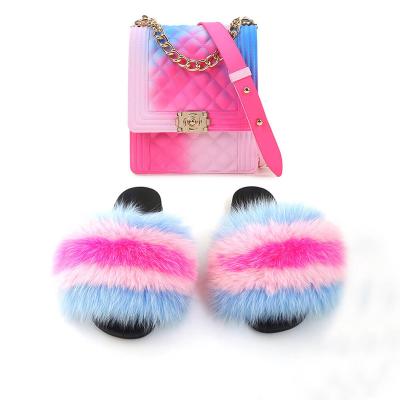 China Fashion Trend NY Fashion To Fluffy Fur Slides With Rainbow Jelly Bag Handbags 2021 Real Fur Slippers And Purse Sets for sale