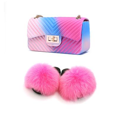 China Fashion Trend New Arrival Little Girls Fur Sandal Slippers Shoes PVC Jelly Bags Set Kids Fur Hairy Slides and Purses for sale