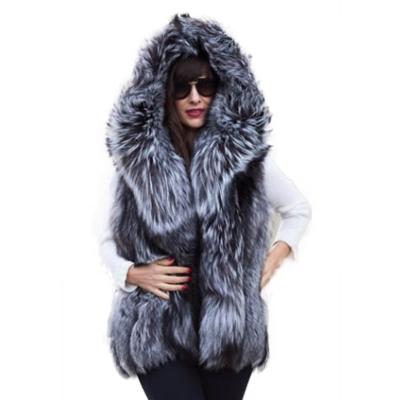 China Silver Fox Hairy Fur Vest Veste Femme Hooded Natural Full Skin Real Furs Fashion Trend Luxury Women Vest for sale