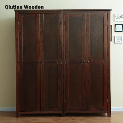 China KD Wardrobe Solid Wood 4 Doors Bedroom Pine Wood Easy Assembling Wood Furniture With Doors American Retro for sale