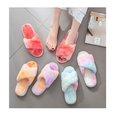 China Wholesale New Style Fashion Trend Fashion Cross Plush Indoor Soft Home Colorful Luxury Flat Slippers Women for sale