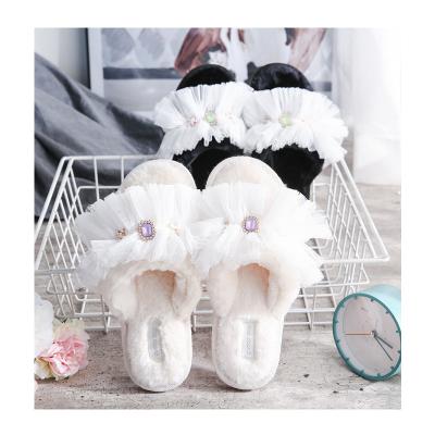 China New fashion trend hot sale autumn and winter plush fashion lace slippers warm soft bottom home women for sale