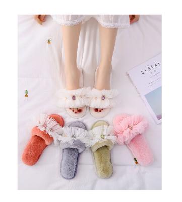 China Wholesale new fashion trend casual soft Korean version of the rabbit plush home lace slip-toe artificial slippers for sale