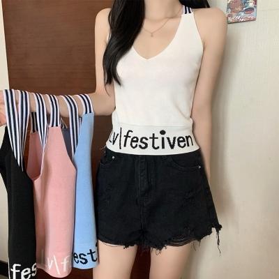 China New Ice Alphabet Jacquard Halter Criss Cross QUICK DRY Intercolor Silk Top Summer All-match Knitted Base Camisole Women's Vest for sale