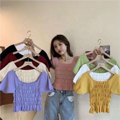 China 2021 Summer New Short Sleeve Puff Collar Knitted Sweater QUICK DRY Square Thin Outer Wear T-shirt Pleated Top Women's Clothing for sale