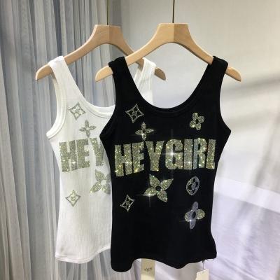 China Hot Goods Women's Hot Goods Women's Vest Hot QUICK DRY European Heavy Industry Drill Letter Print Stretch Cotton Crystal Camisole Bottoming Top for sale