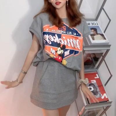 China QUICK DRY pure cotton 2021 two-piece women's fashion bag hip short skirt suit women new summer cartoon Mickey sleeve loose T-shirt short skirt for sale