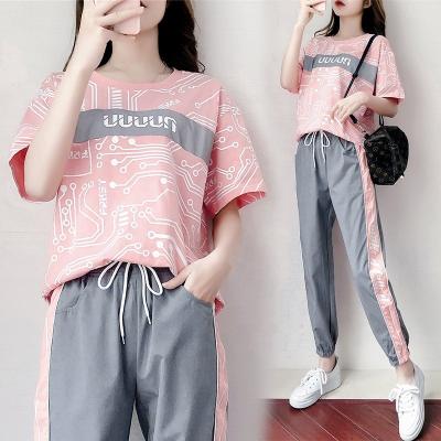 China 2022 New QUICK DRY Women's Sports Suit Summer New Fashion Net Red T-shirt Leisure Printed Jogging Two-piece Fitness Suit for sale