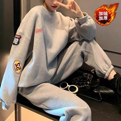 China QUICK DRY Grey sports suit women's 2021 autumn winter Plush thickened net red fried Street hip hop sweater and trousers two-piece set for sale